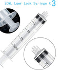 Three Pack 20 Milliliter Plastic Syringes With Slick Blunt Luer Lock Needles For Precision Liquid Transfer Heavy Duty Build shown with graduated markings and blunt tips.