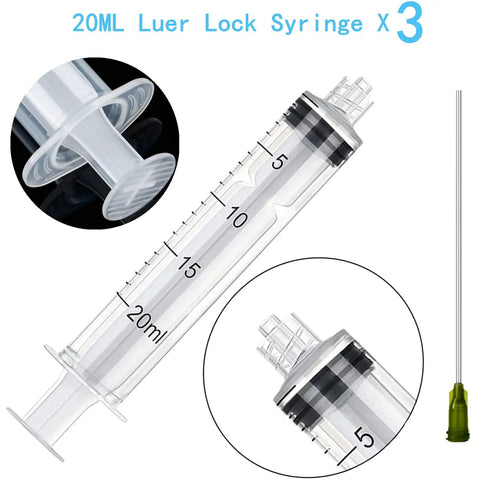 Three Pack 20 Milliliter Plastic Syringes With Slick Blunt Luer Lock Needles For Precision Liquid Transfer Heavy Duty Build shown with graduated markings and blunt tips.
