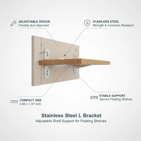 Stainless Steel L Bracket for Floating Shelves and Cabinets, Adjustable Wall Mount Support 3.94 X 1.97 Inch Silver 1 Pack