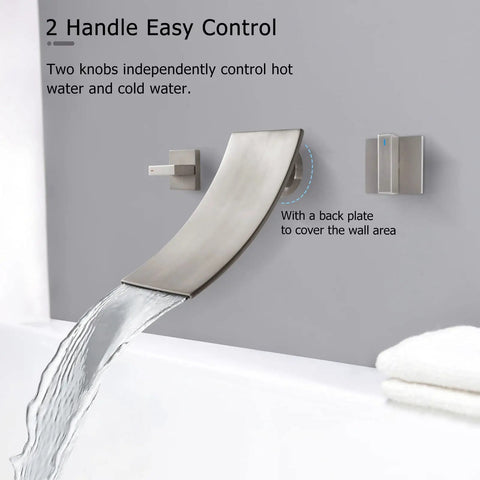 Brushed Nickel Wall Mount Tub Filler With High Flow Valve Waterfall Tub Faucet For Sinks And Tubs Solid Brass Rough-In 2.5 GPM At 60 PSI 7.48 Inch Spout Reach 3.9 Inch Spout Width 1/2 Inch Thread Size