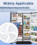 Upgraded Refrigerator Evaporator Fan Blade Replacement For Whirlpool Amana Kenmore Jenn Air KitchenAid Refrigerators Replaces WP2169142 AP6005911 shown next to an open fridge full of items