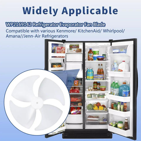 Upgraded Refrigerator Evaporator Fan Blade Replacement For Whirlpool Amana Kenmore Jenn Air KitchenAid Refrigerators Replaces WP2169142 AP6005911 shown next to an open fridge full of items