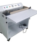 Yokoma Pneumatic Foot Sealer Shrink Bag Corner Cutter With Precision 45 Degree Angle Trim, white benchtop unit with pedal control.