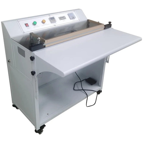 Yokoma Pneumatic Foot Sealer Shrink Bag Corner Cutter With Precision 45 Degree Angle Trim, white benchtop unit with pedal control.