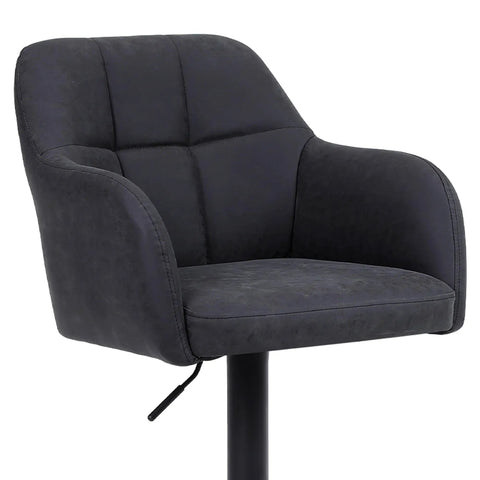 Close-up of a dark grey Swivel Adjustable Faux Leather Bar Stools Set Of 2 with Armrests and metal footrest, upholstered seat.