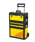 Front view of yellow Three Layer Portable Tool Box On Wheels Detachable Tool Chest with trolley, featuring three compartments for tools.