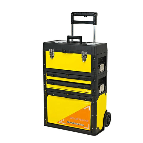 Front view of yellow Three Layer Portable Tool Box On Wheels Detachable Tool Chest with trolley, featuring three compartments for tools.