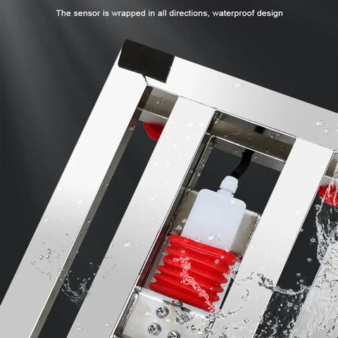 Heavy Duty Workhorse Foldable Digital Platform Scale No Sweat Go To For Postal Shipping And Luggage Checking Big Load Capacity Weighing Machine With Durable Steel Surface And Switchable Units showing waterproof sensor design with red rubber and stainless steel.