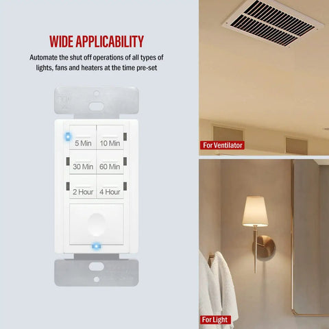 Smart Countdown Timer Switch For Bathroom Exhaust Fans And Lights Preset From 5 Minutes to 4 Hours Night Light LED Indicator