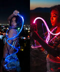 Person using Lit Fiber Optic Space Dancing Light Whip With Rechargeable LED, 5.9Ft Rave Toy, showing dynamic colors and effects at night.