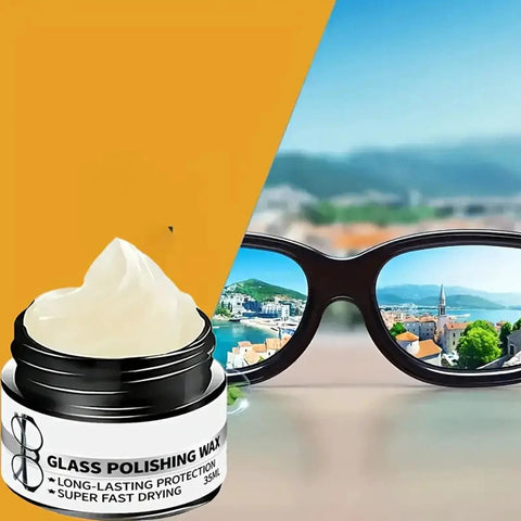 Scratch Remover Kit For Glasses And Screens Polishing Paste with jar and glasses showing clarity restoration.