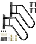 Solid As A Rock Matte Black Outdoor Handrail For One To Three Step Stairs Heavy Wall Mounted Grab Bar With Full Hardware Kit displayed with mounting hardware.