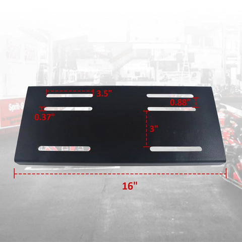 Beefed Up Universal Engine Mount Plate For Predator 420cc And 670cc Engines showing black metal plate with slot measurements