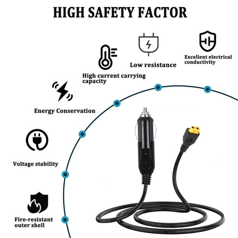 Heavy Duty 12V 24V Car Charger Cable With Xt60 Connector Ten Foot DC Adaptor for EcoFlow and Bluetti with safety features.