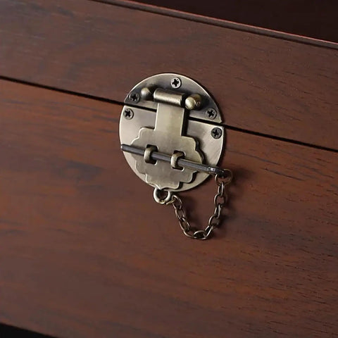 Heavy Duty Retro Latch Hasps With Warm Bronze Finish features secure chain and pin mechanism on wooden box.