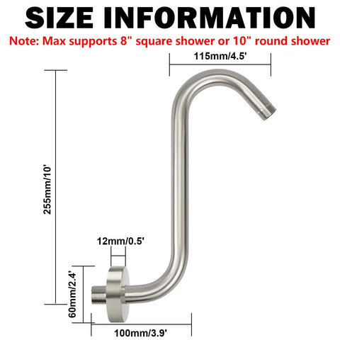 Diagram showing dimensions of the High Rise S Shaped Shower Arm Extender With Flange 10 Inch Brushed Nickel Shower Riser