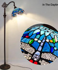 Tiffany Style Stained Glass Floor Lamp 62 Inch Tall With Blue Dragonfly Shade, detailed view of stained glass pattern