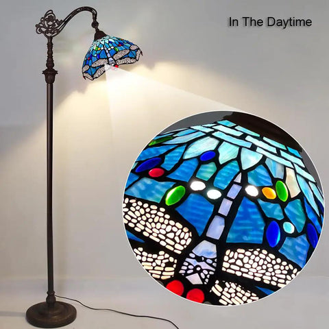 Tiffany Style Stained Glass Floor Lamp 62 Inch Tall With Blue Dragonfly Shade, detailed view of stained glass pattern