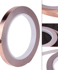 Half Inch Copper Foil Tape 33 Feet with Double Sided Conductive Adhesive for EMI Shielding, shown in roll and strip views