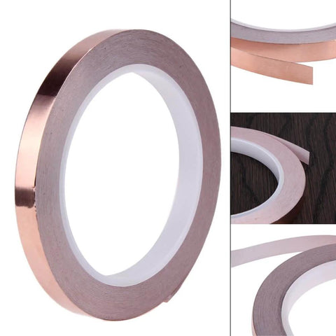 Half Inch Copper Foil Tape 33 Feet with Double Sided Conductive Adhesive for EMI Shielding, shown in roll and strip views