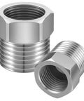Two plated metal pipe fittings; 1/2 G male to 3/8 compression female reducers for faucet supply lines
