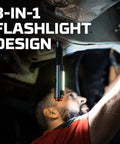 Mechanic using Big Larry 3 Work Light With 600 Lumens, 7 Light Modes, 3 In 1 Magnetic COB Task Lamp And LED Flashlight under car hood.