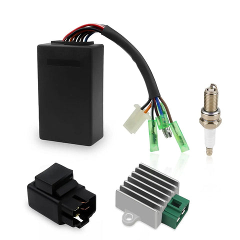 Beefed-Up CDI Box Ignition Coil Kit With Voltage Regulator Rectifier Starter Relay Solenoid For Sportsman 90 Scrambler 50 Predator 50 90 2003-2007 Replacement Complete Assembly components including CDI box and coil.