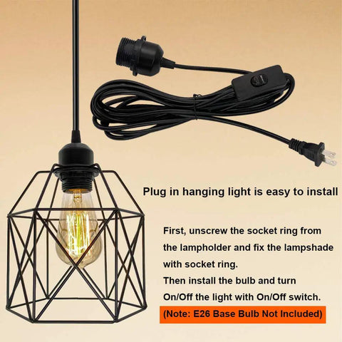 Industrial Plug In Pendant Light With Black Cage Fixture On Off Switch E26 Socket Vintage Farmhouse Hanging Light For Kitchen