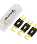 Beefy 70 Amp ANL Fuse Holder Kit With Three Fuses For Car Audio And 12V To 24V Systems Heavy Duty Heat Resistant And Ready To Handle Power Surges With Secure Mounting For Safety, including holder and gold fuses on white background