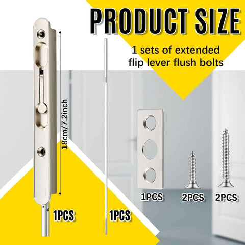 18 Inch Extended Flip Lever Flush Bolt for Double Doors with Zinc Alloy Satin Nickel Finish and Screws Displayed