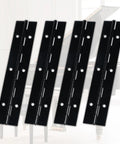 Premium Bulletproof Offset Piano Hinges Black 4 Pack Stainless Steel Continuous Cabinet Hardware displayed against a grand piano.