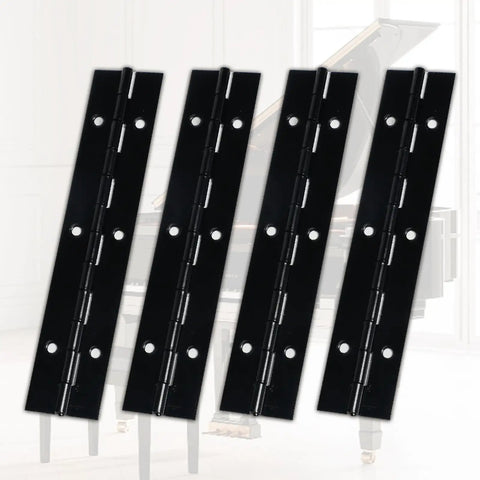 Premium Bulletproof Offset Piano Hinges Black 4 Pack Stainless Steel Continuous Cabinet Hardware displayed against a grand piano.