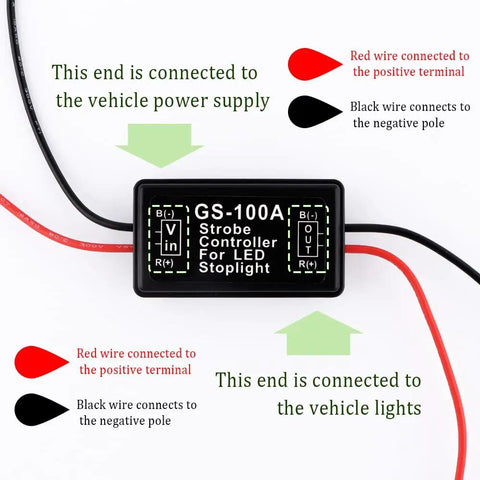 Universal 6V-30V LED Brake Light Flasher Module With Prewired Harness Pulsing Strobe Controller installation illustration.