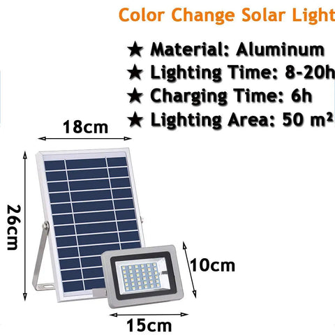 JUDYSSY Led Flood Lights Outdoor Solar Lights with aluminum body, dimensions 26cm x 18cm, and 50m² lighting area.