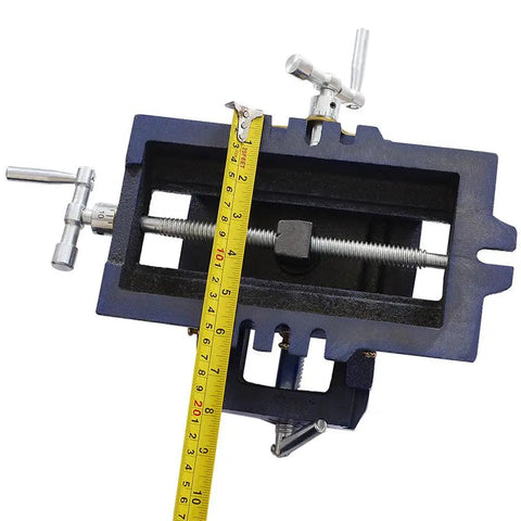 LMAOSS 5 Inch X Y Cross Slide Drill Press Vise Heavy Duty Steel Construction with measuring tape for precise clamping.