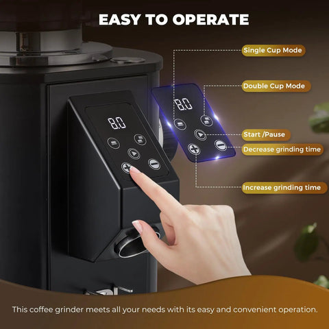Straight Fire Coffee Setup With This Legit Heavy Duty Commercial Grinder Using A Sharp 64 Millimeter Flat Burr And Eight Fine Tuned Settings For Daily Espresso Or French Press Perfection control panel with buttons for operation and settings