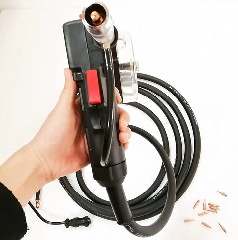 Hand holding Aluminum Spool Gun for Spoolmate 3035 210 Series, 16ft Cable, DC24V MIG Welding Tool Accessory, Not OEM