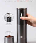 Portable Electric Coffee Burr Grinder With 50g Capacity And Magnetic Cover Aluminum Alloy Body external adjustable settings with user hand.