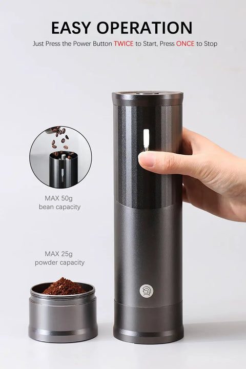 Portable Electric Coffee Burr Grinder With 50g Capacity And Magnetic Cover Aluminum Alloy Body external adjustable settings with user hand.