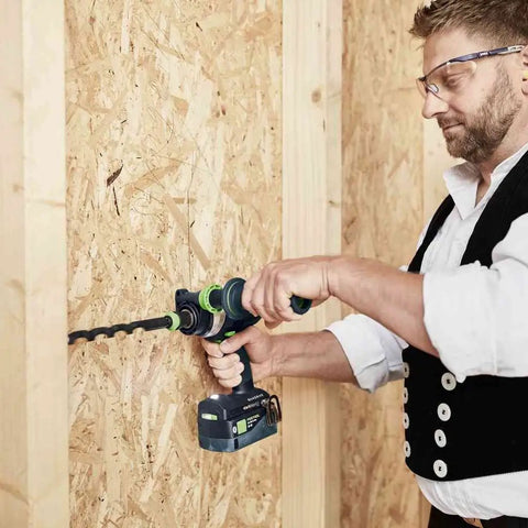 Man using Heavy Duty Brushless Cordless Drill And Driver With Unbreakable Gears And 18 Volt Battery to drill into wood.