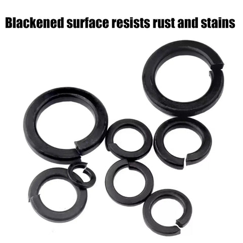 Black Slotted Stainless Steel Spring Lock Washers Anti Loosening Interlock Design Pro Grade Heavy Duty Metric Fasteners in a pack.