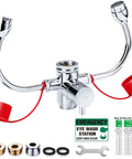 Faucet Mounted Eyewash Station For Emergency Eye Flush Converts Any Sink Into A Ready To Use Eye Wash Unit Ideal For Labs Shops And Small Offices Plug-And-Play Installation No Piping Required with accessories and signs visible