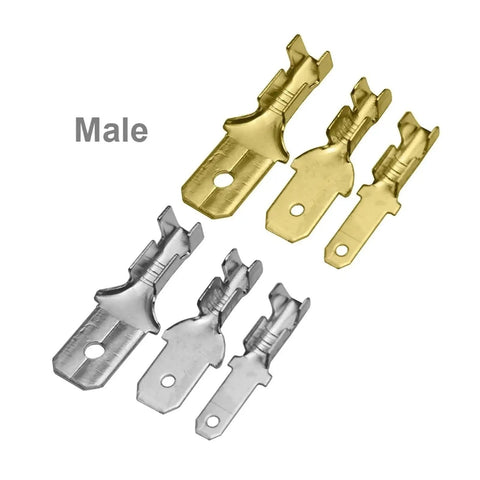 Solid Brass Tinned Spade Crimp Terminals Kit For Quick Wire Connections In Audio And Home Appliances, male pins in gold and silver