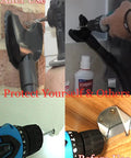 Hands Free Dust Collector Upgrade For Hole Saw Dust Extraction Tool in use with vacuum attachment and drill on various surfaces