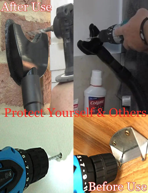Hands Free Dust Collector Upgrade For Hole Saw Dust Extraction Tool in use with vacuum attachment and drill on various surfaces