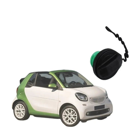Low Profile Fuel Filler Cap Inner Cover For Smart Fortwo 451 450 Cabrio on white background, black plastic with tether