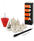 Drill Polishing Wheel Kit With 8 White Flannelette Buffing Mops, 1/4 Inch Hex Shafts, and tools next to packaging box
