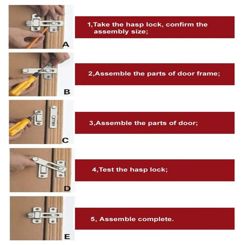 Instructional steps for installing Heavy Duty Metal Gate Latch And Dead Bolt Hasp Lock For Sliding Doors Windows Cabinets Sheds.