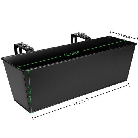 Set Of Four Heavy Duty Metal Railing Planters, 16 Inch Rectangular Window Box dimensions 16.2x14.3x5 inch in black.