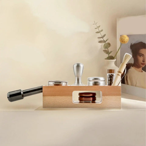 Level Up Your Home Bar Setup With This Premium Wooden Espresso Tamping Station Designed For 58mm Portafilters Featuring Killer Slots For Dosing Needles To Keep Your Smooth Shot Routine On Point - wooden tamping holder with espresso tools.